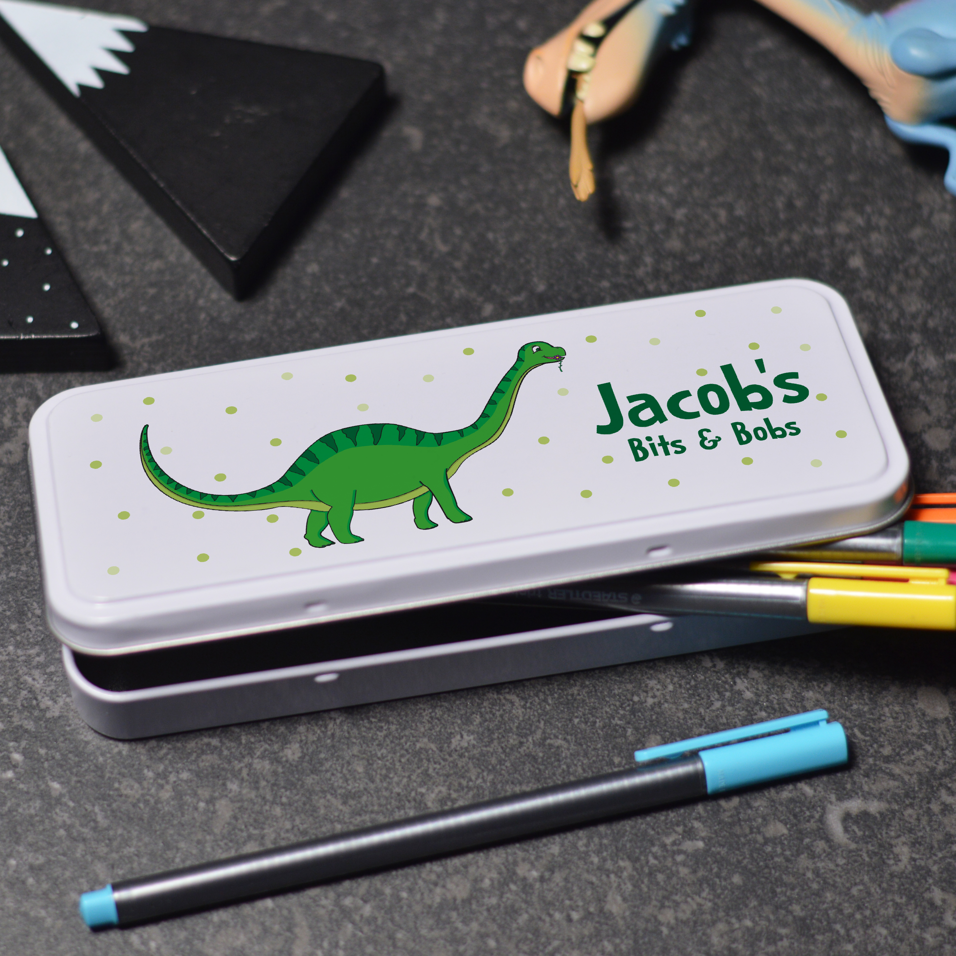 Personalised Green Dinosaur Pencil Tin