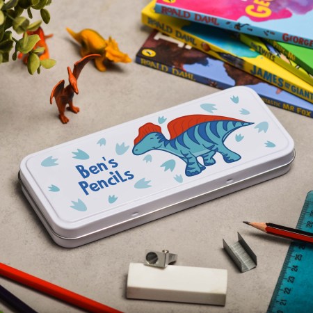 Personalised Blue Dinosaur Pencil Tin