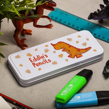 Personalised Orange T-Rex Pencil Tin
