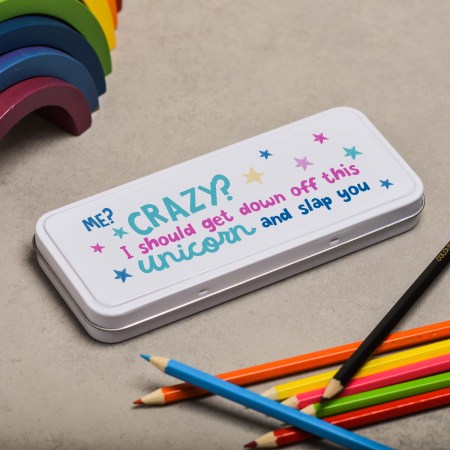 Me Crazy? I should get down off this unicorn and slap you Pencil Tin