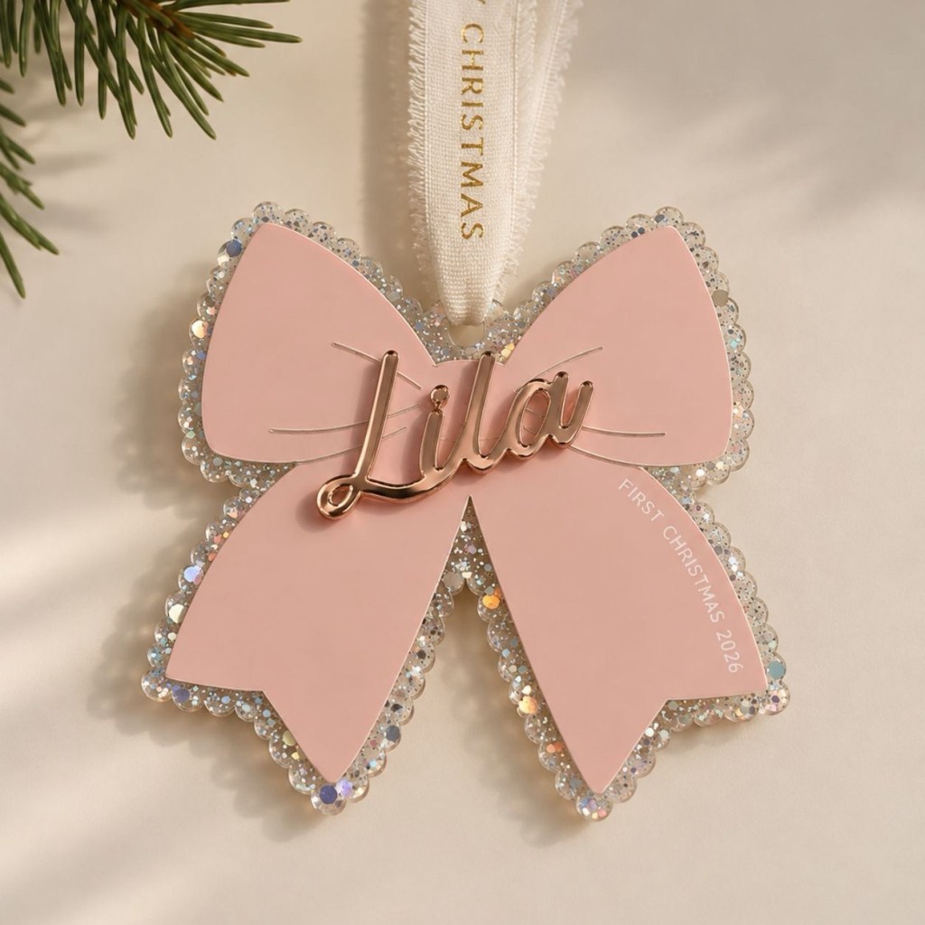 Personalised Glittery Pink Bow Christmas Decoration