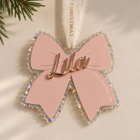 Personalised Glittery Pink Bow Christmas Decoration